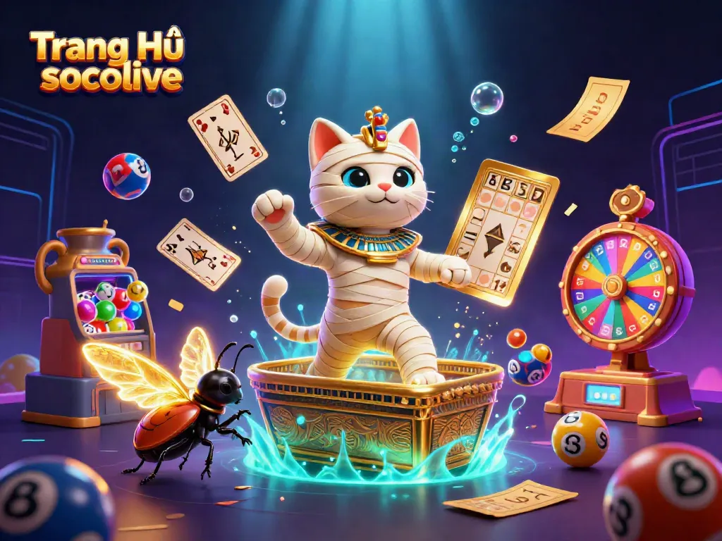 Engage with Trang Chủ socolive as a cartoon mummy cat reveals a golden sarcophagus in a vibrant casino.