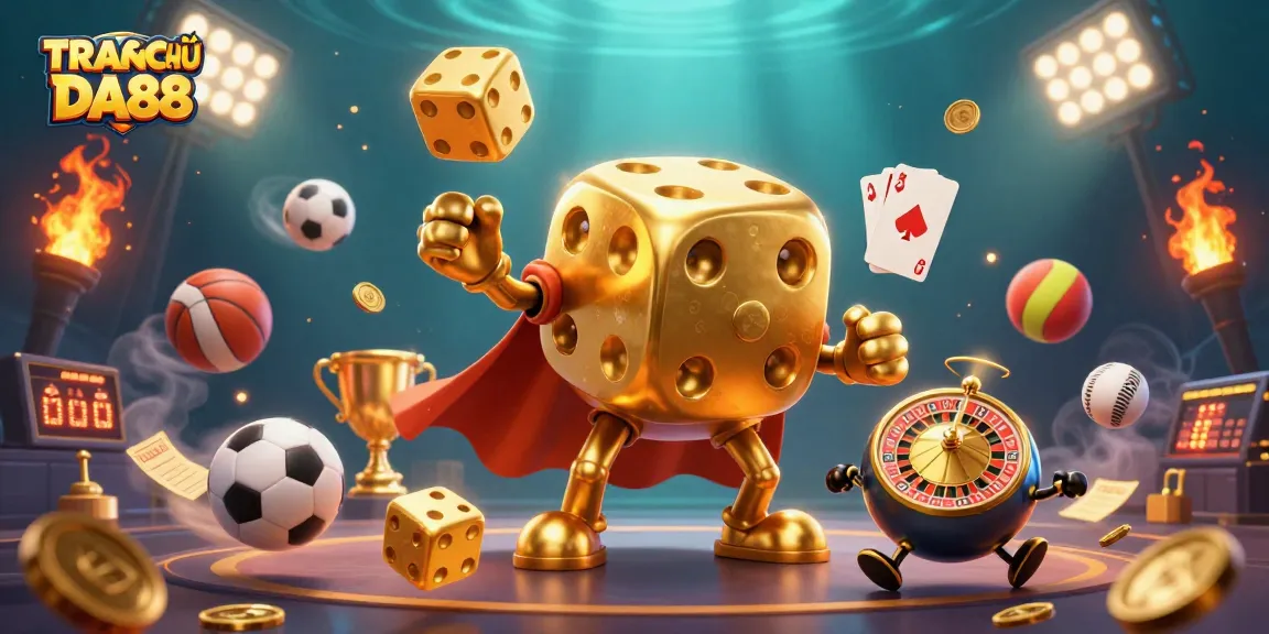 Immerse in TRANG CHỦ DA88 featuring a lively casino scene with vibrant characters and sports elements.