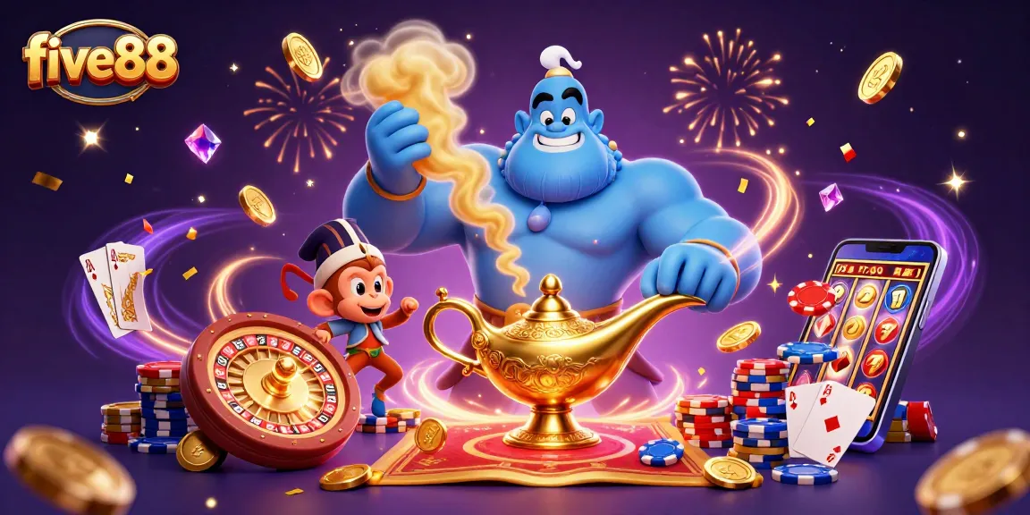 Experience the magic of five88, with a vibrant 3D genie and colorful casino elements celebrating wins and excitement.