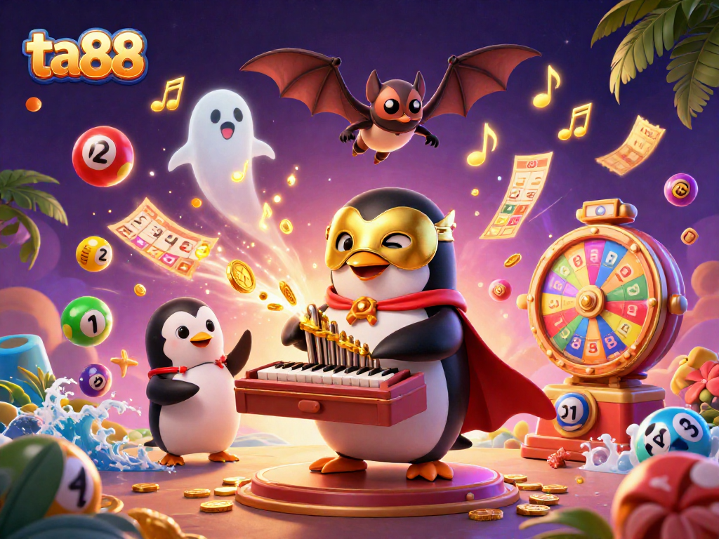 Win big at ta88 with a 3D cartoon penguin playing a golden organ surrounded by vibrant casino elements.
