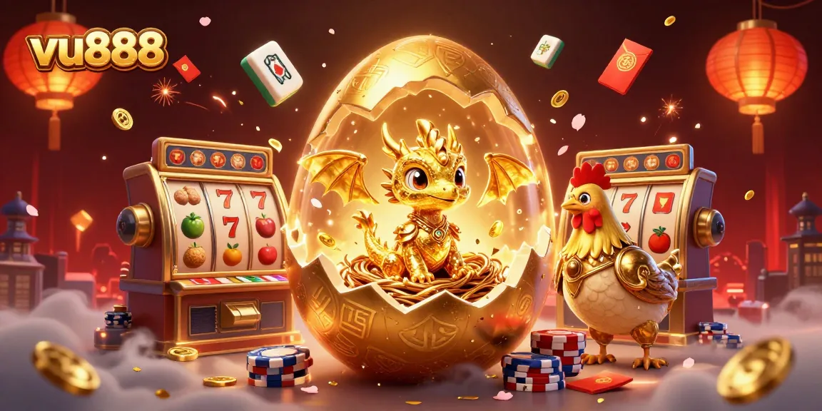 Win big with vu888's thrilling 3D golden dragon and poker chips adventure illustration.