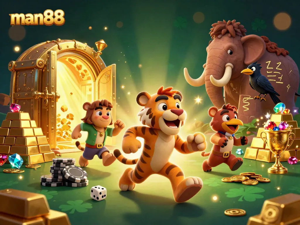 Engage in thrilling bets at man88's vibrant 3D prehistoric casino filled with treasures and action.