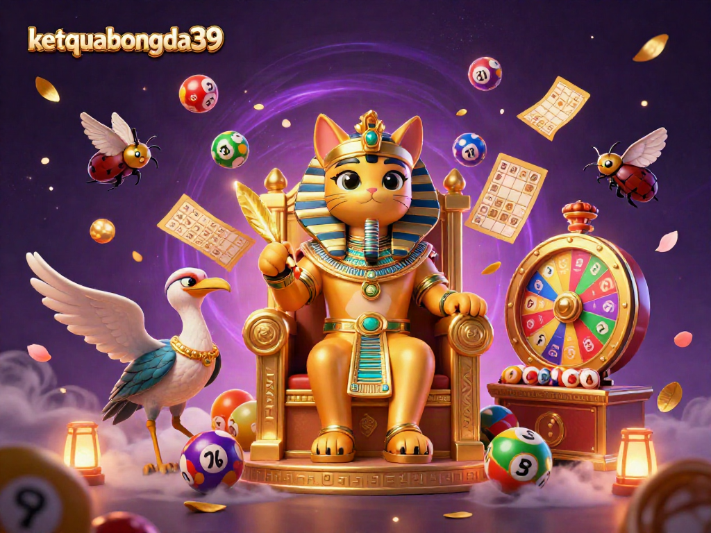Engage in exciting gaming with ketquabongda39 as vibrant lottery elements surround a pharaoh cat.