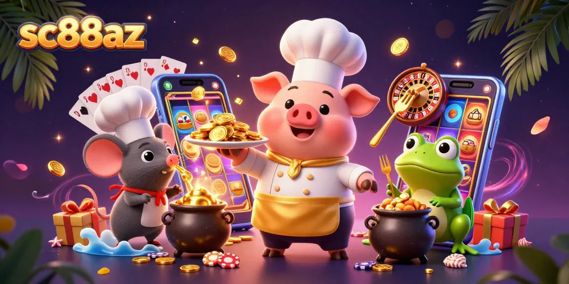 Sc88az showcases a dynamic 3D casino scene with a pig chef serving gold coins, vibrant slot games, and festive elements.