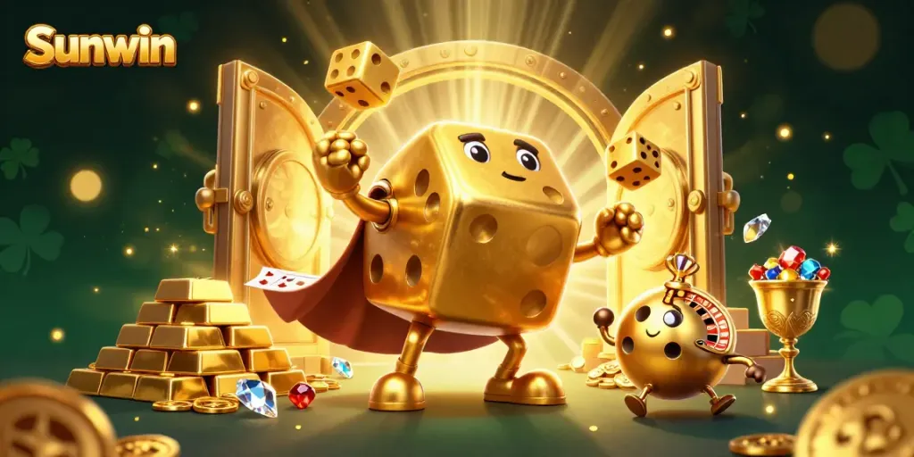 Sunwin offers a thrilling experience with golden dice characters, vibrant treasures, and dynamic casino elements.