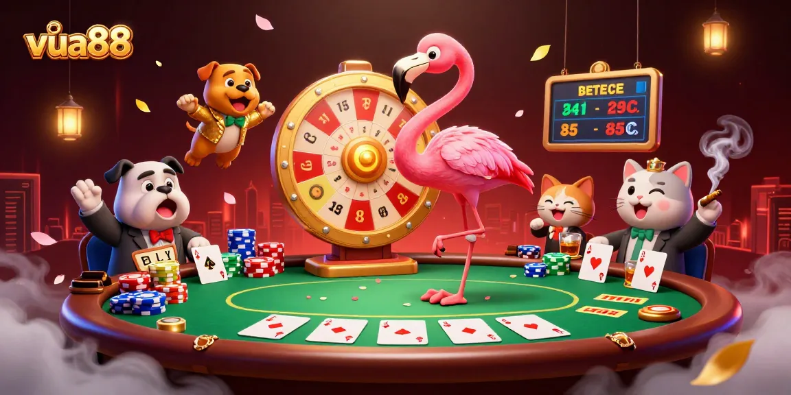 Join the excitement at vua88 with vibrant casino scenes featuring engaging game show characters and poker action.