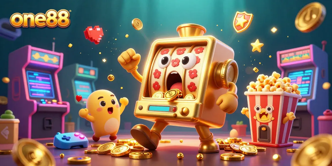 Spin to win at one88 with a lively 3D casino scene featuring cartoon slot machines and arcade gaming elements.