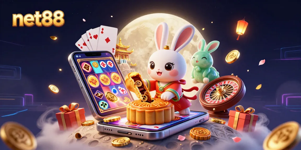 net88 logo shines as players win with poker chips and slot games in a vibrant 3D casino scene.