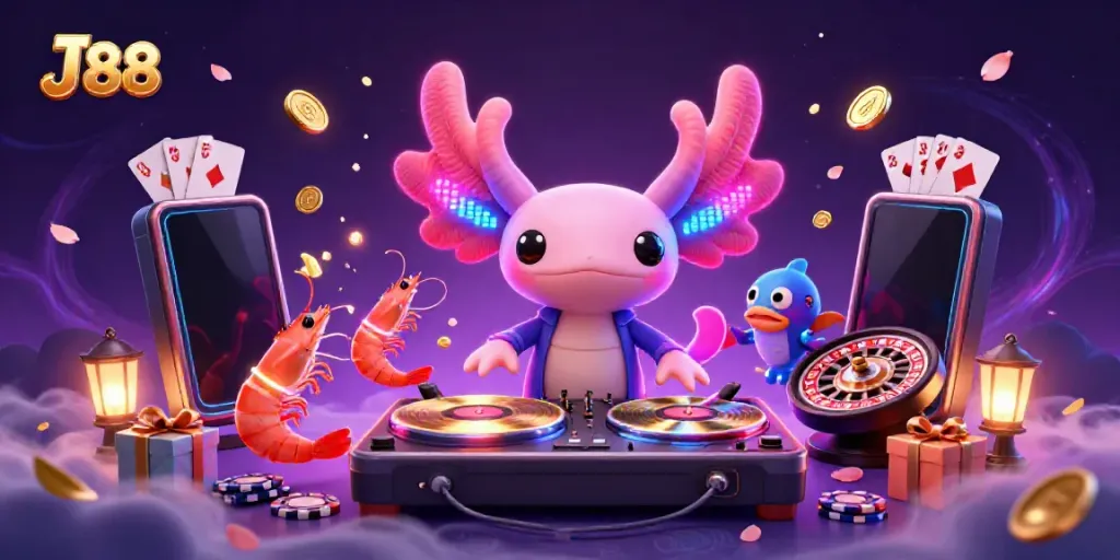 Engage with J 88's vibrant online casino scene, featuring a neon axolotl DJ and animated sea creatures.