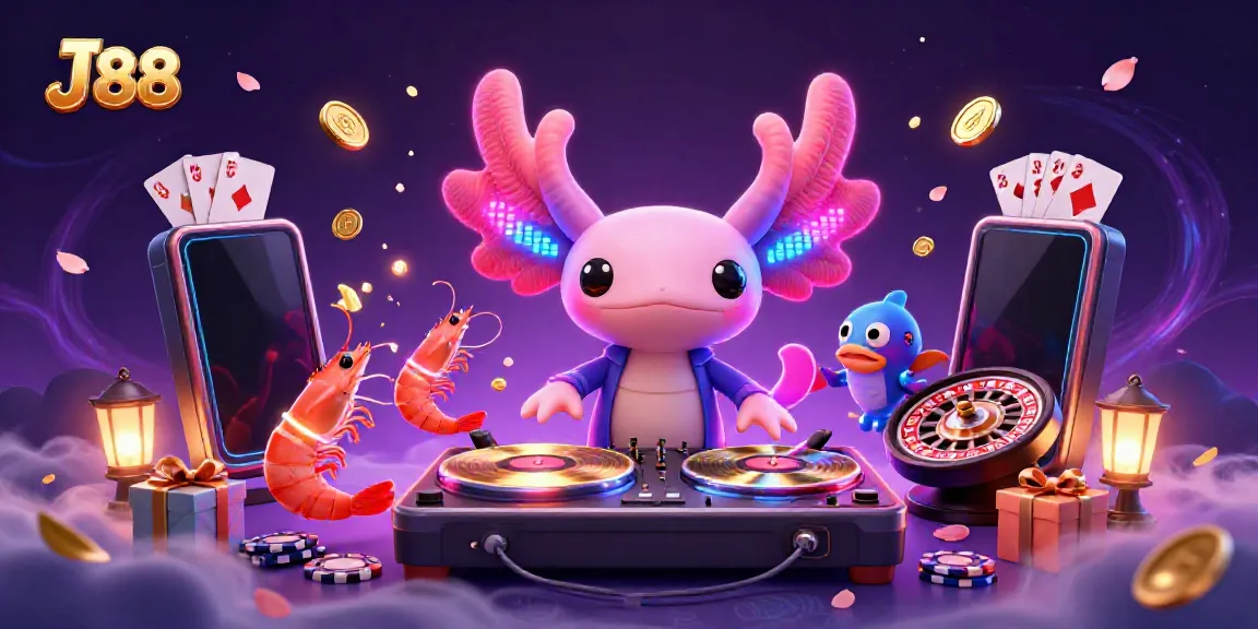Engage with J 88's vibrant online casino scene, featuring a neon axolotl DJ and animated sea creatures.