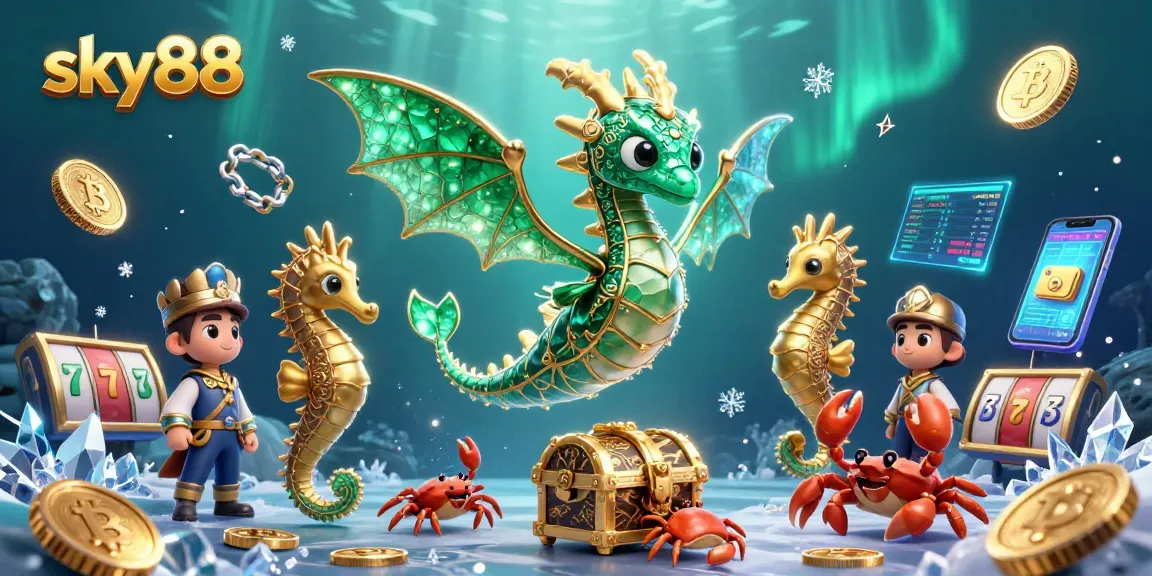 Engage with sky88's exciting 3D fantasy casino world featuring vibrant sea creatures and crypto elements.