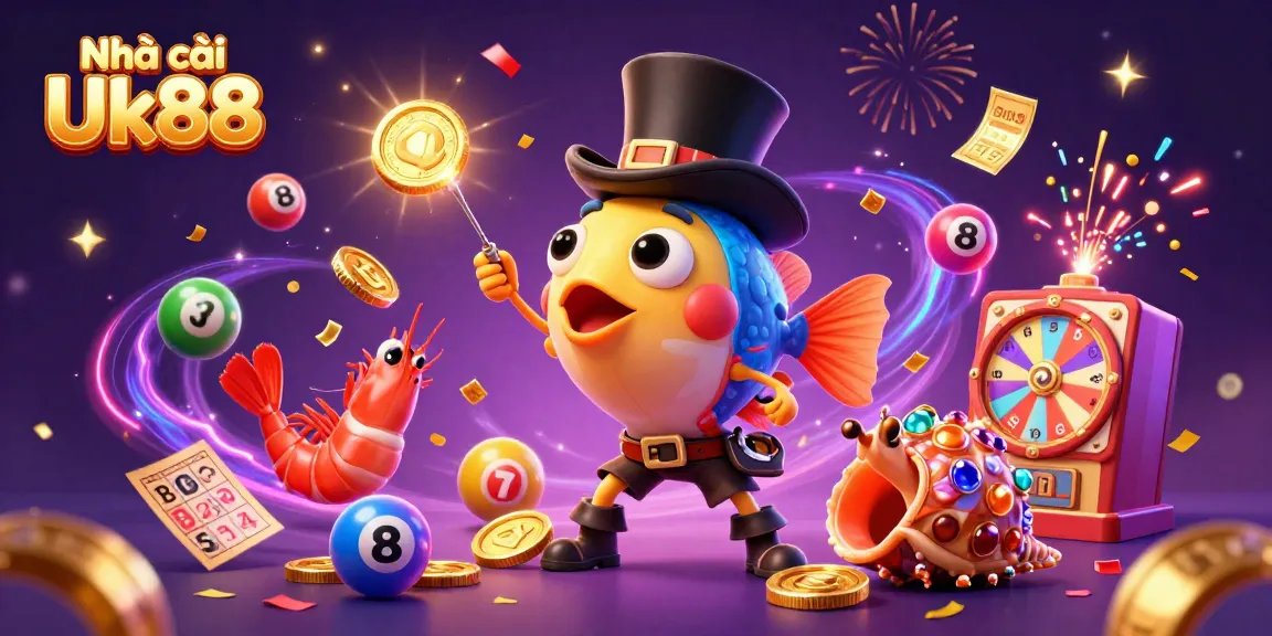 Experience the thrill of Nhà cái Uk88 with vibrant lottery and casino elements in a stunning 3D illustration.