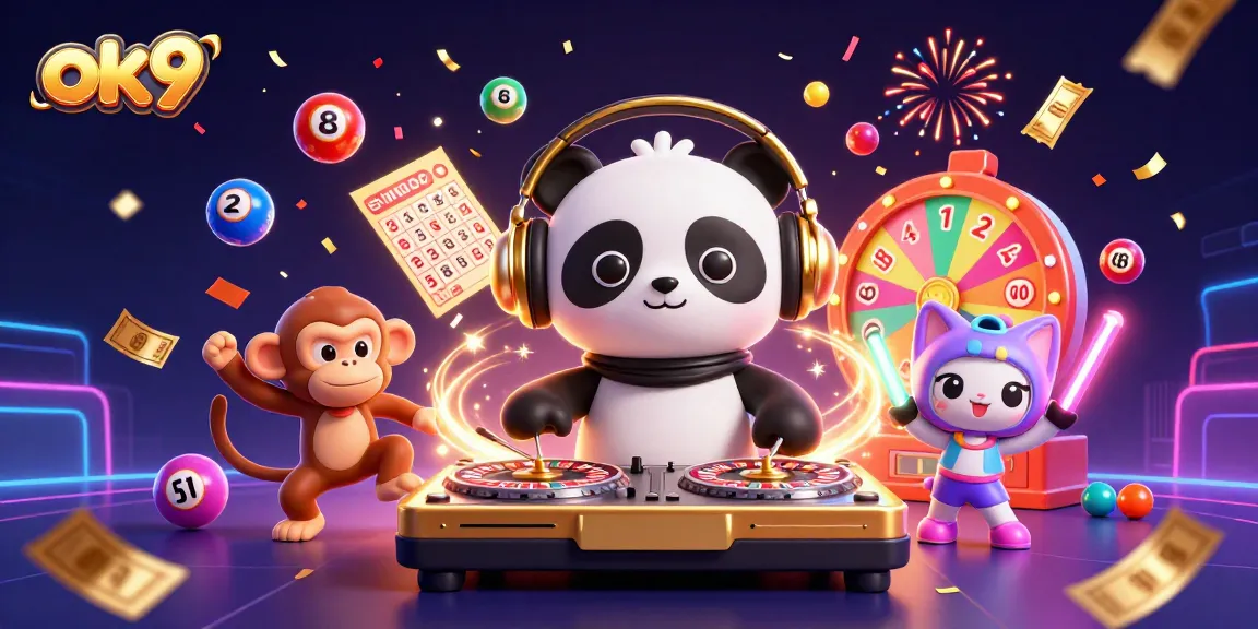 Join the excitement at ok9, where a DJ panda and friends celebrate with vibrant games and lottery fun!