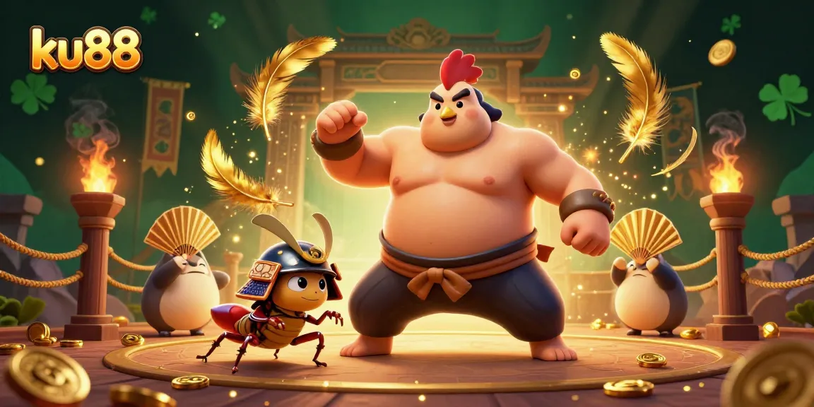 ku88 features a powerful sumo rooster, fierce cricket, and a tanuki announcer in a vibrant casino scene.