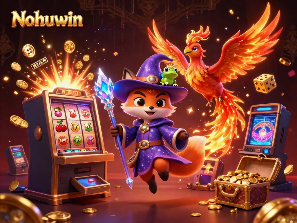Nohuwin showcases 3D magical scenes with a wizard fox, phoenix, and gold coins for an exciting gaming experience.