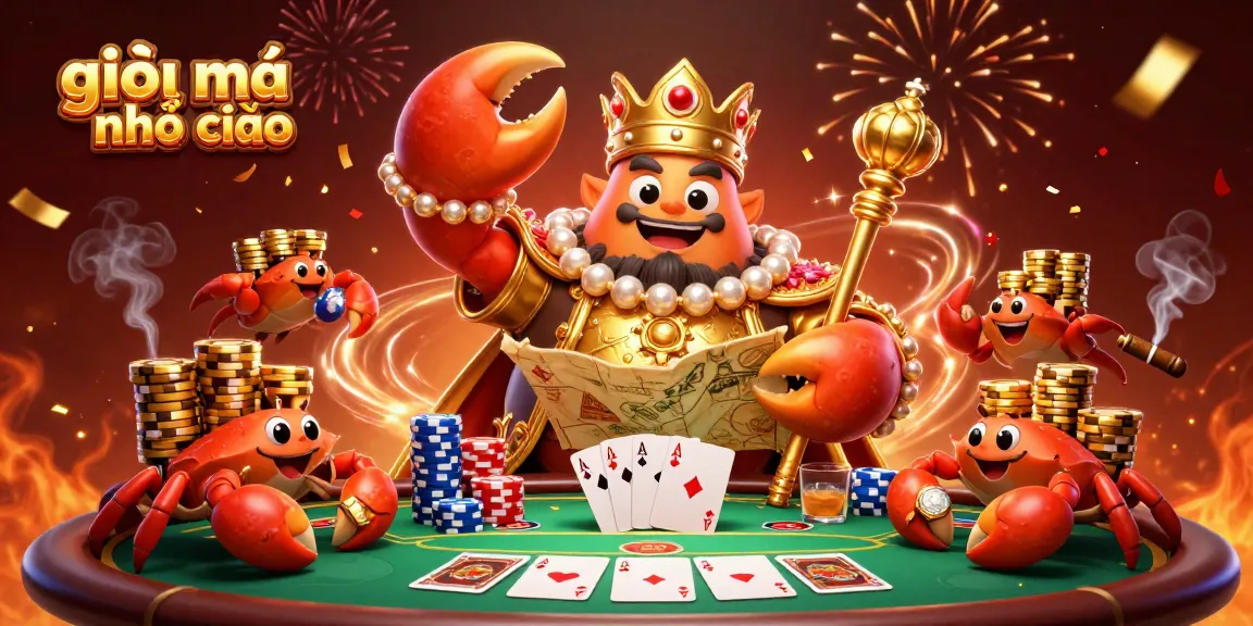 Engage in strategic play at giải mã nhà cái with a golden crab emperor overseeing a poker game packed with vibrant elements.