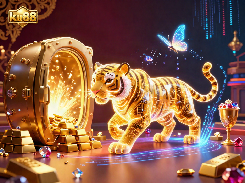 Experience the thrill of ku88 in this vibrant 3D digital casino scene with a neon tiger and holographic butterflies.