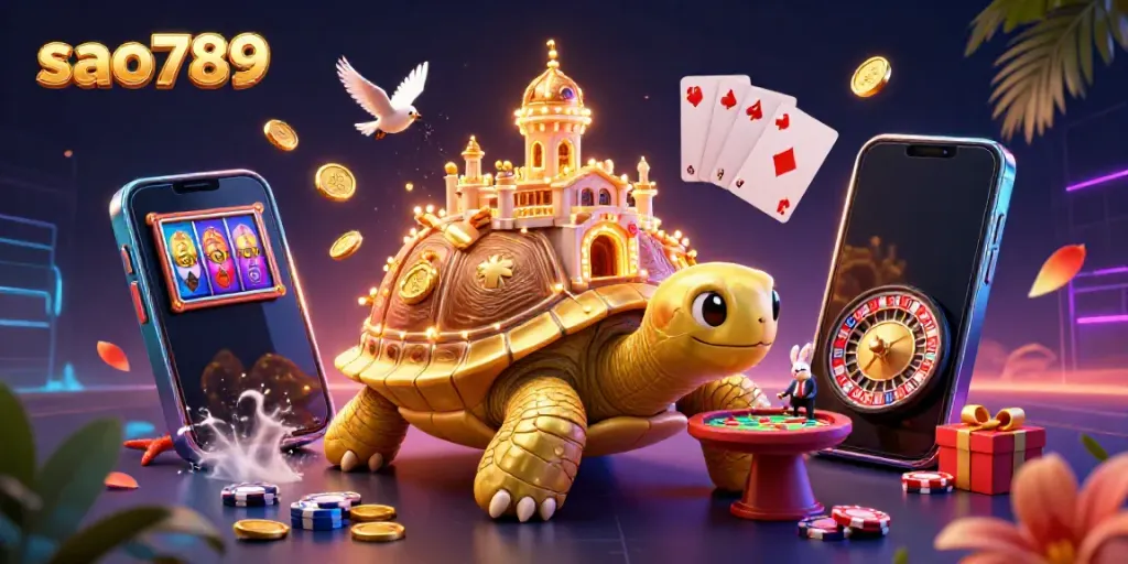 Experience the vibrant gaming world at sao789 with a golden tortoise casino and rabbit dealer, surrounded by dynamic gaming elements.