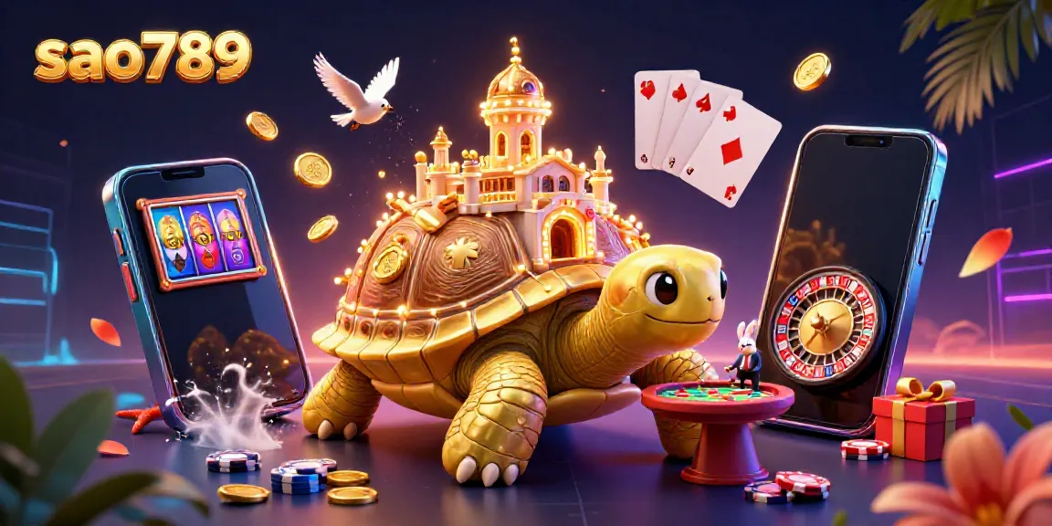 Experience the vibrant gaming world at sao789 with a golden tortoise casino and rabbit dealer, surrounded by dynamic gaming elements.
