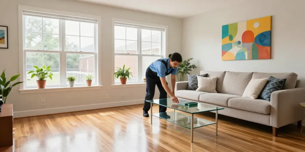 End of lease cleaning Melbourne showing a spotless living room with professional cleaner enhancing the fresh look.