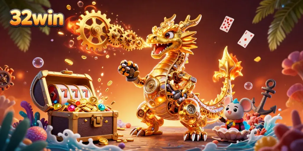 Experience the thrilling world of 32win with a vibrant 3D casino scene bursting with energy.