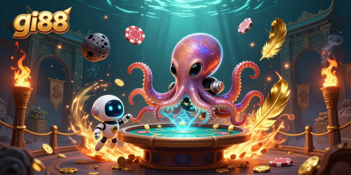 Experience a thrilling game with gi88, featuring an alien octopus at a holographic poker table amidst vibrant casino elements.