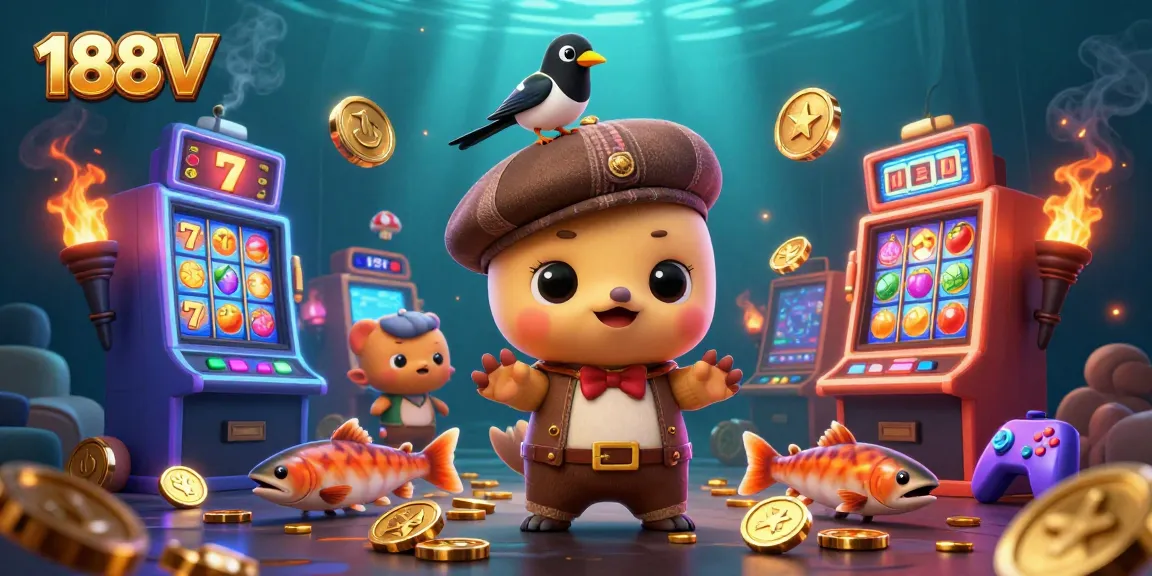 Play the thrilling games of 188V featuring Nessie and a vibrant casino scene with slots and rewards.