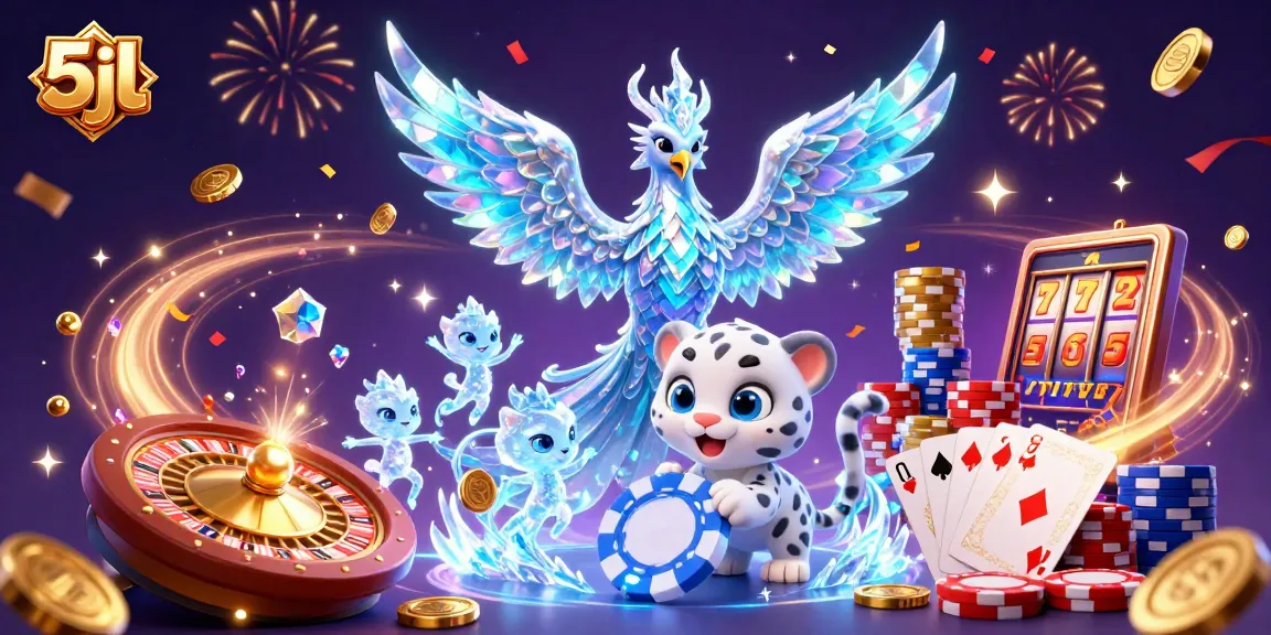 Experience the thrill of 5jl with a playful scene of an ice phoenix, a snow leopard cub, and glowing sprites amidst vibrant casino elements.