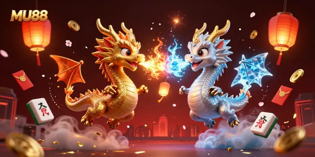 Experience winning action at MU88 with dynamic dragons and festive Chinese elements in a casino illustration.