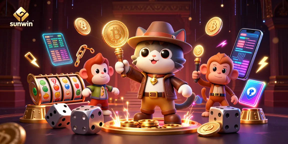Engage in the vibrant sunwin casino with an adventurous cat and monkey finding treasures amidst slot reels.