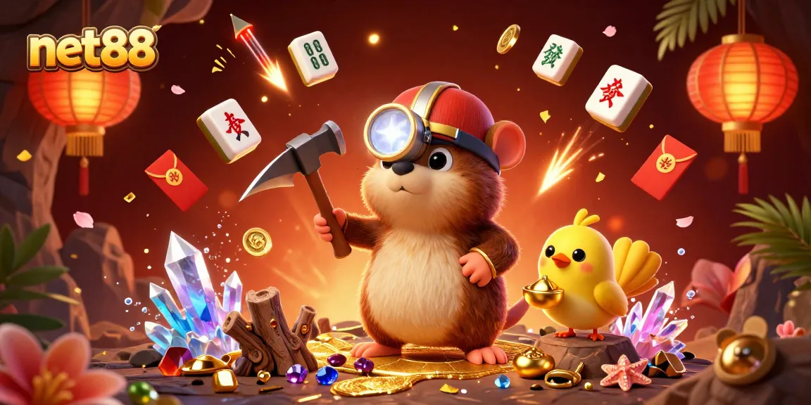 Experience net88's thrilling treasure hunt through golden caves in this stunning 3D illustration.