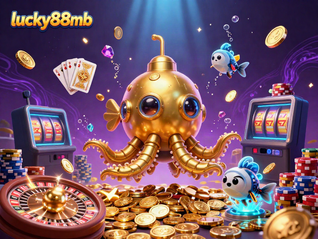 Engage in thrilling gameplay at lucky88mb, featuring a golden kraken submarine and mechanical fish amidst cascading coins.