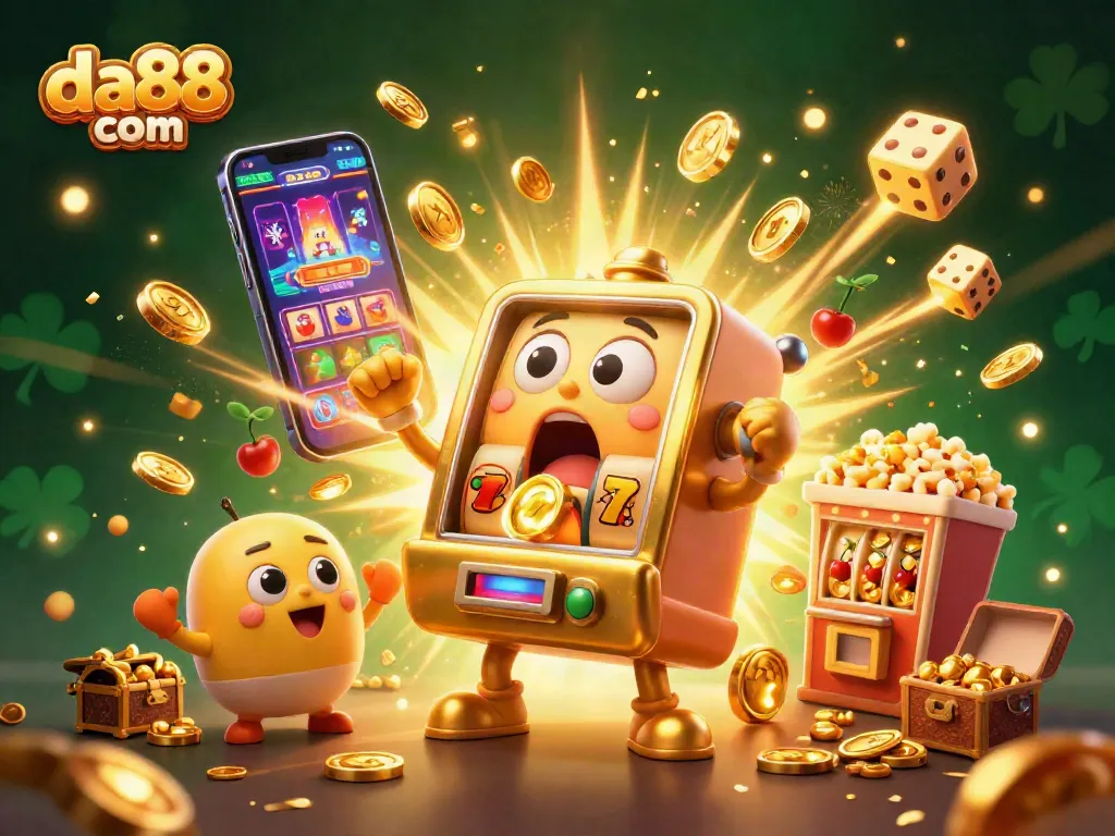 Experience the excitement at da88 com with a golden slot machine celebrating a jackpot, coins flying, and vibrant casino elements.