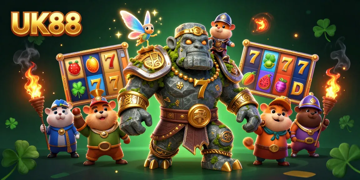 Experience the excitement of UK88 with a magical illustration featuring a stone golem and vibrant slot elements.