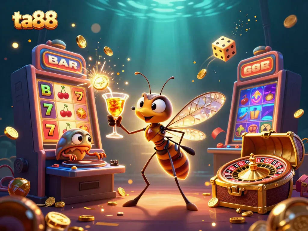Experience the excitement of ta88 with a lively cartoon scene featuring a mosquito mascot, trilobite DJ, and casino elements.