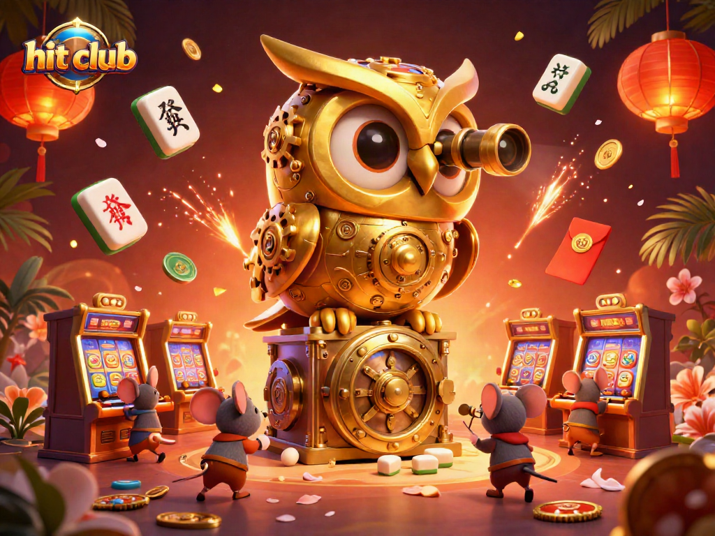 Join the excitement at hit club with a vibrant 3D casino scene featuring a golden owl, vibrant lanterns, and dynamic game elements.