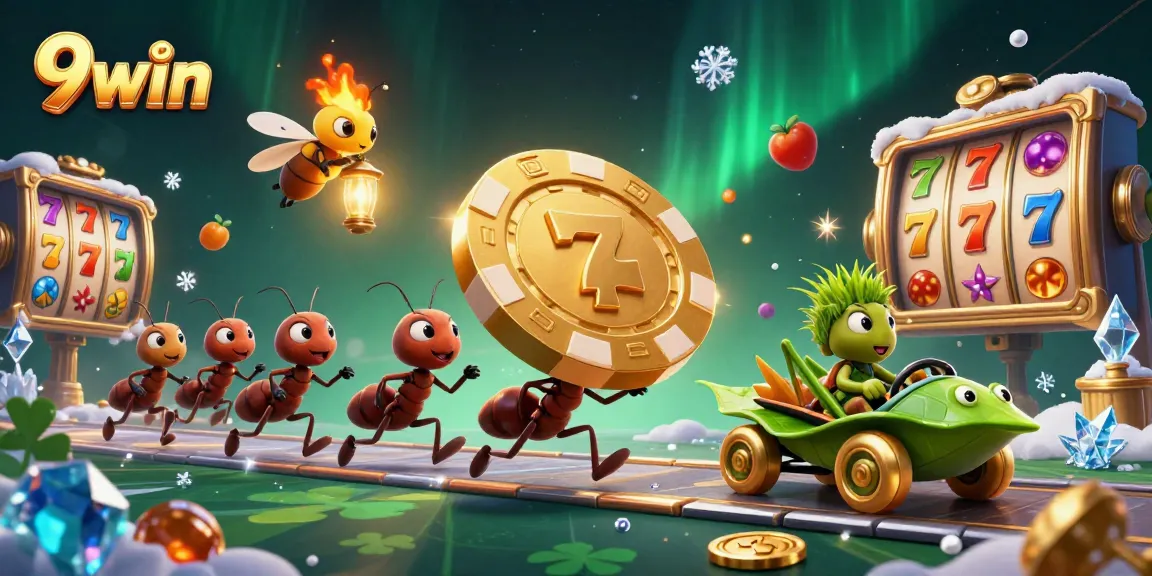 Join the thrilling chase for golden poker chips with 9win's unique 3D cartoon adventure illustration.