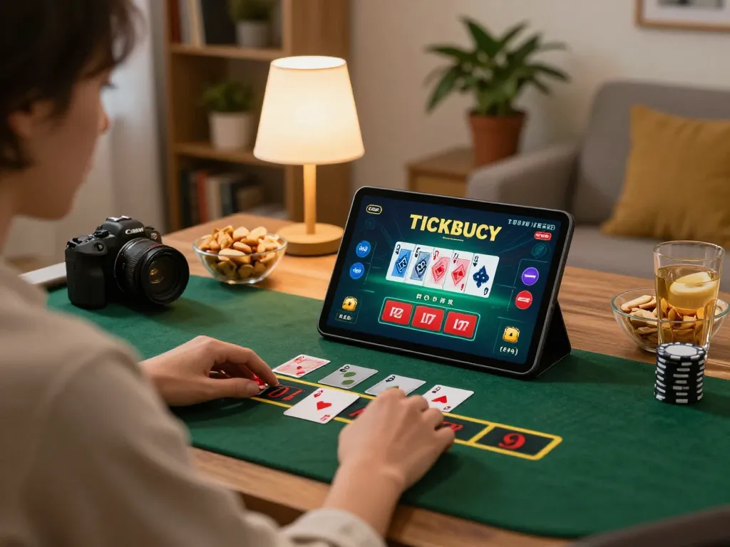 Player enjoying a strategic blackjack game on a tablet at home, showcasing Nhà cái Jun88's engaging platform.