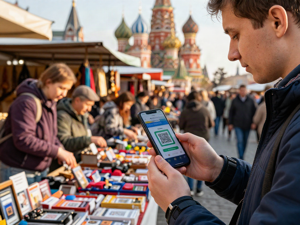Rusya'da pazarda mobil uygulama ile QR kodu ile ödeme yapan bir gezgin, https://payinrussia.com/ ile alışveriş deneyimini vurguluyor.