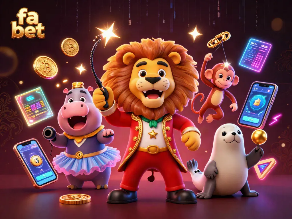 Experience fa bet excitement with a circus-themed digital casino illustration featuring vibrant characters and gaming elements.