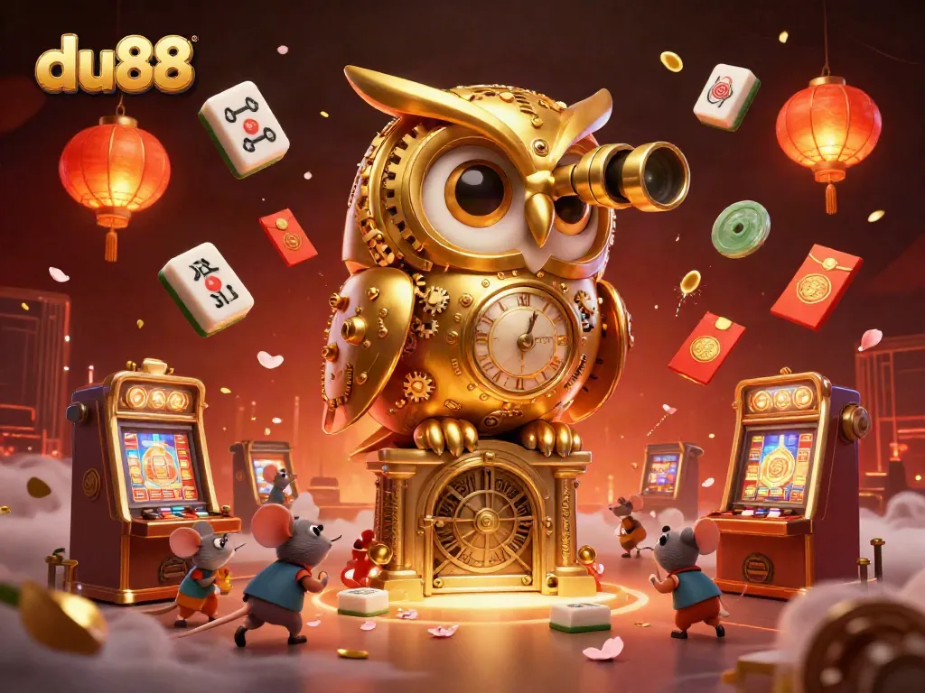 Engage in thrilling casino adventures with du88, featuring a clockwork owl and bustling mouse patrons.