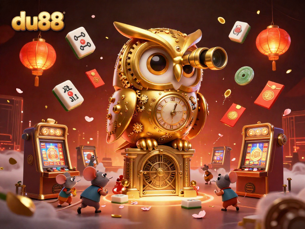 Engage in thrilling casino adventures with du88, featuring a clockwork owl and bustling mouse patrons.