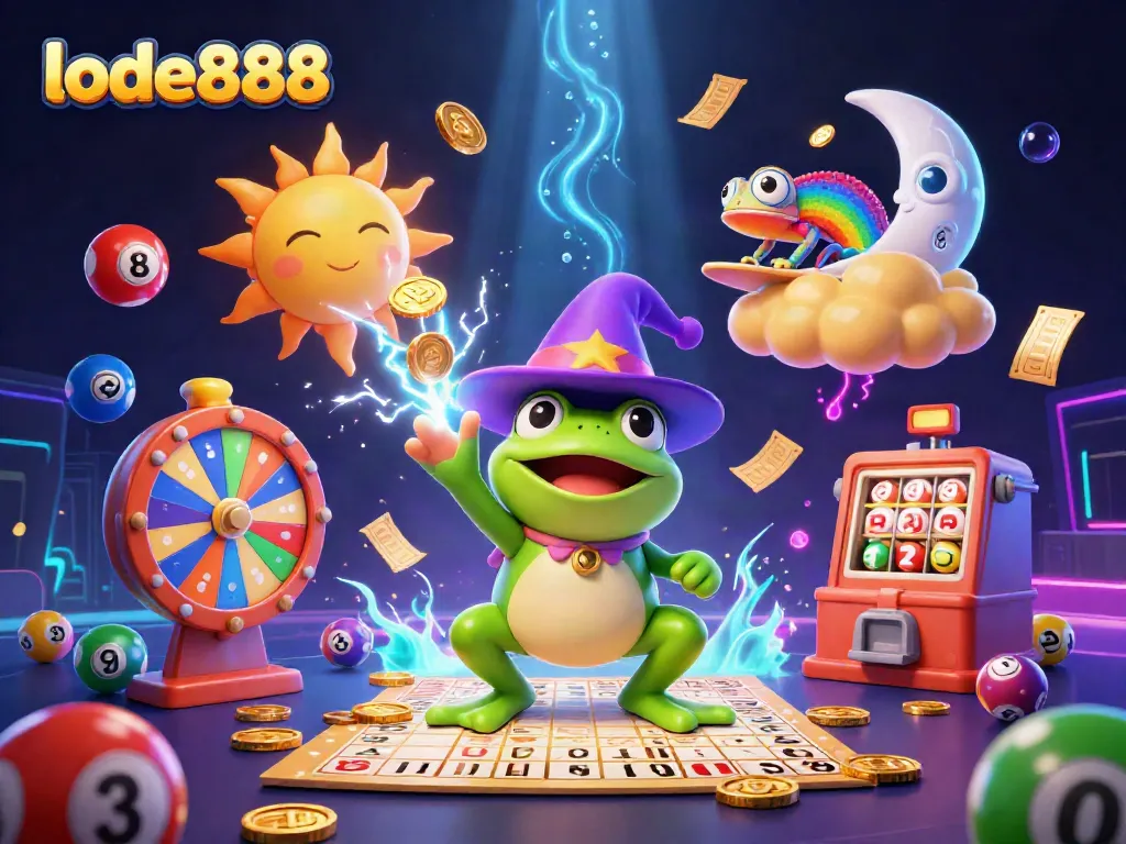 Experience the thrill of lode888 with vibrant characters amidst a storm of gold and lottery wonders.
