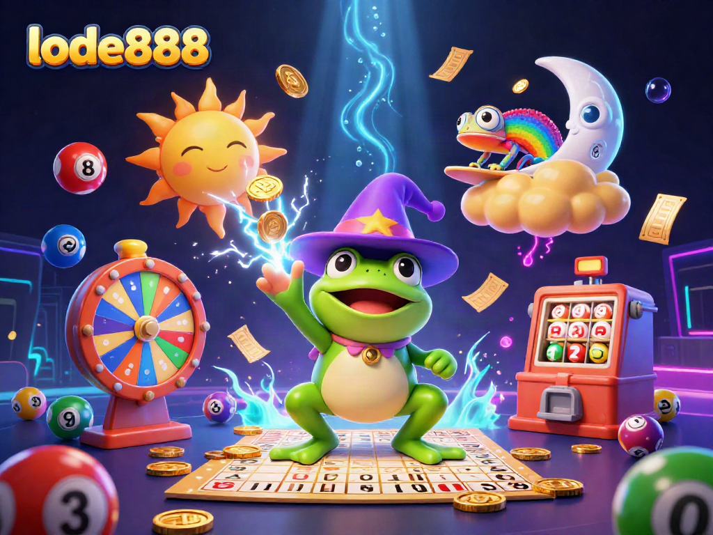 Experience the thrill of lode888 with vibrant characters amidst a storm of gold and lottery wonders.