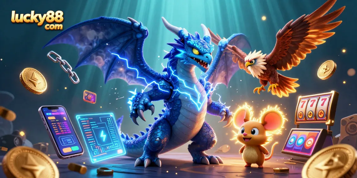 Join the action at lucky88 com, featuring dynamic slot characters and neon crypto elements.