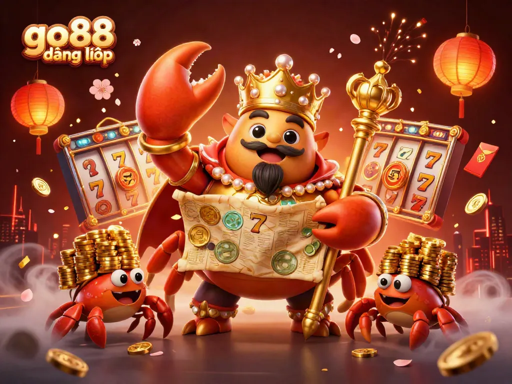 Play at Go88 đăng nhập with a vibrant illustration featuring a golden crab emperor and casino elements.
