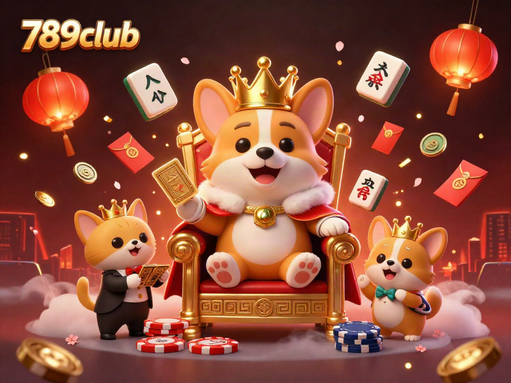 Join the thrilling world of 789club, where a royal corgi oversees a dazzling casino scene filled with vibrant game elements.