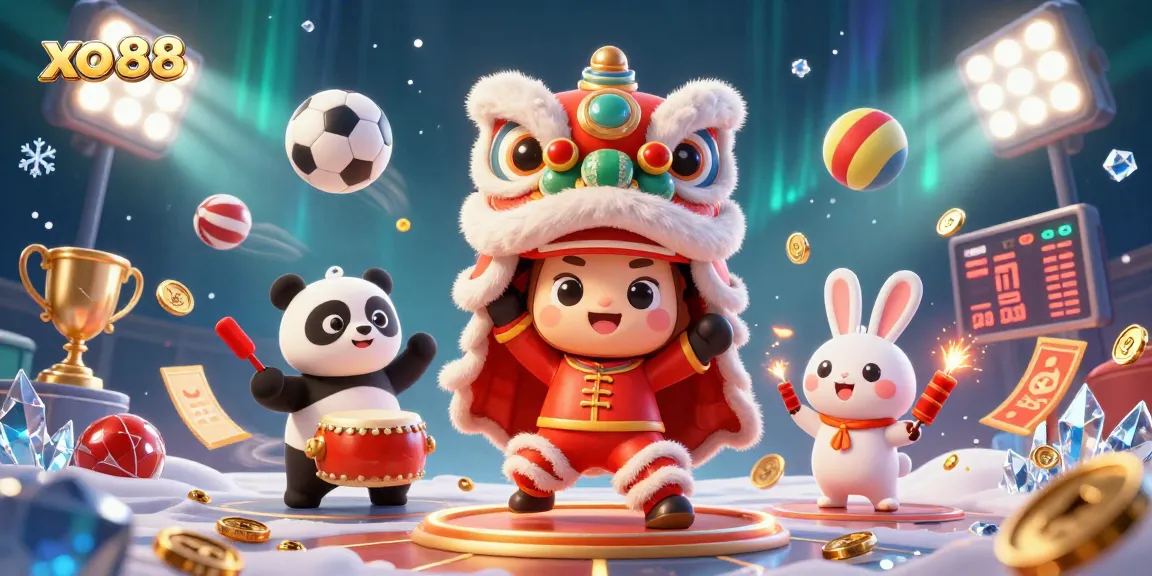 Experience the excitement of gambling at xo88 with a vibrant 3D lion dance scene featuring sports elements and festive decorations.