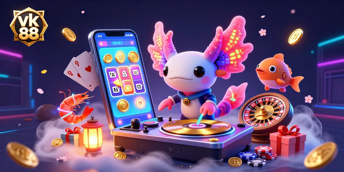 Engage with vk 88’s vibrant gaming scene featuring an axolotl DJ and animated shrimp as lively elements.