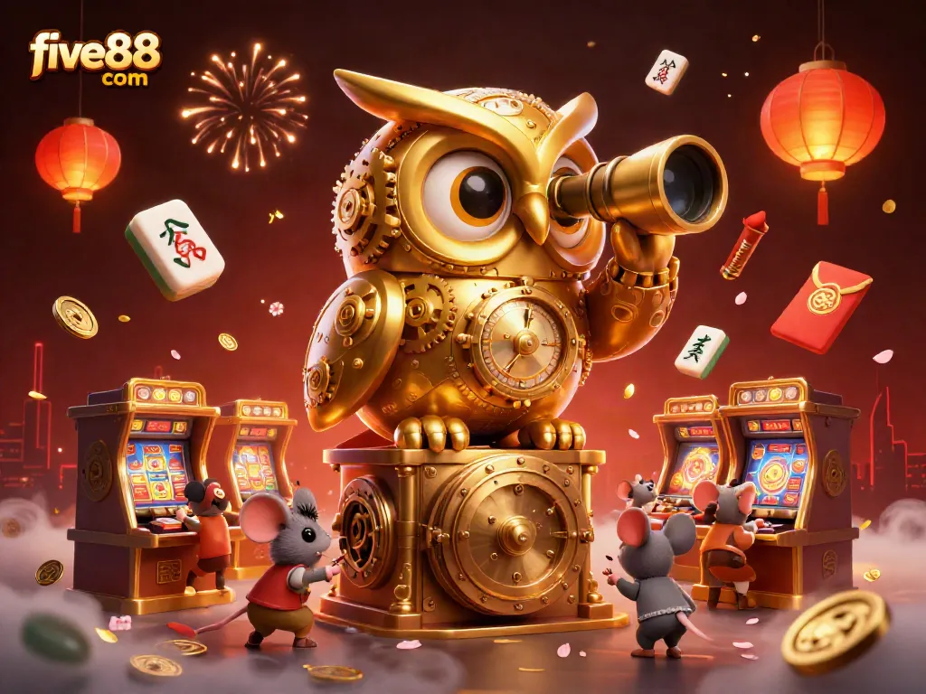 Experience the thrilling ambiance at five88 com with vibrant 3D casino illustration featuring a golden owl and dynamic gambling elements.